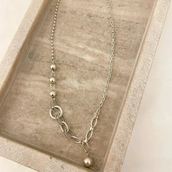 925 Sterling Silver Chain Link Ball Necklace Modern Asymmetric Bead Necklace - Picture 5 of 7